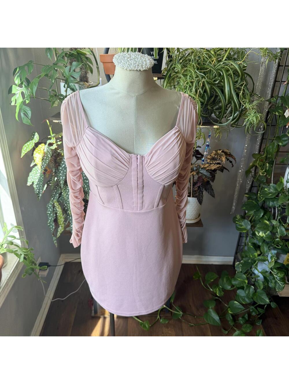 Elegant Pink Ruched Long Sleeve Mini Dress